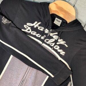 Harley Davidson Hoodie Jacket Women's M Full Zip Up Gray Black Sweatshirt Medium